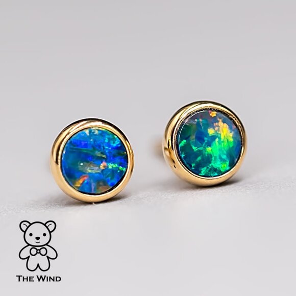 Minimalist Round Australian Doublet Opal Stud Earrings 18k Yellow Gold - Picture 4 of 8
